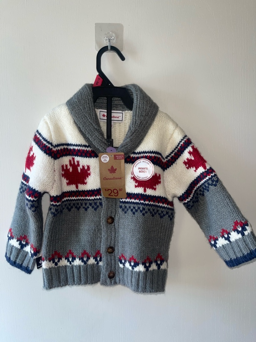 Canadiana  Canadian Sweater Cardigan Sz 12/18M Red Maple Motif  Grey, White, Red